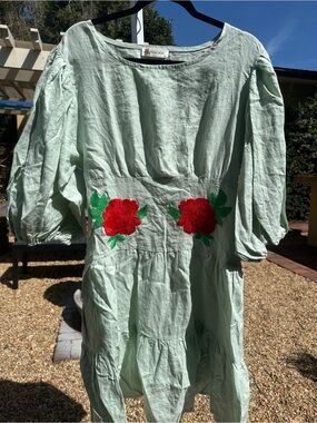 Fanm Mon Mint Green Dress with Red Floral Appliqué